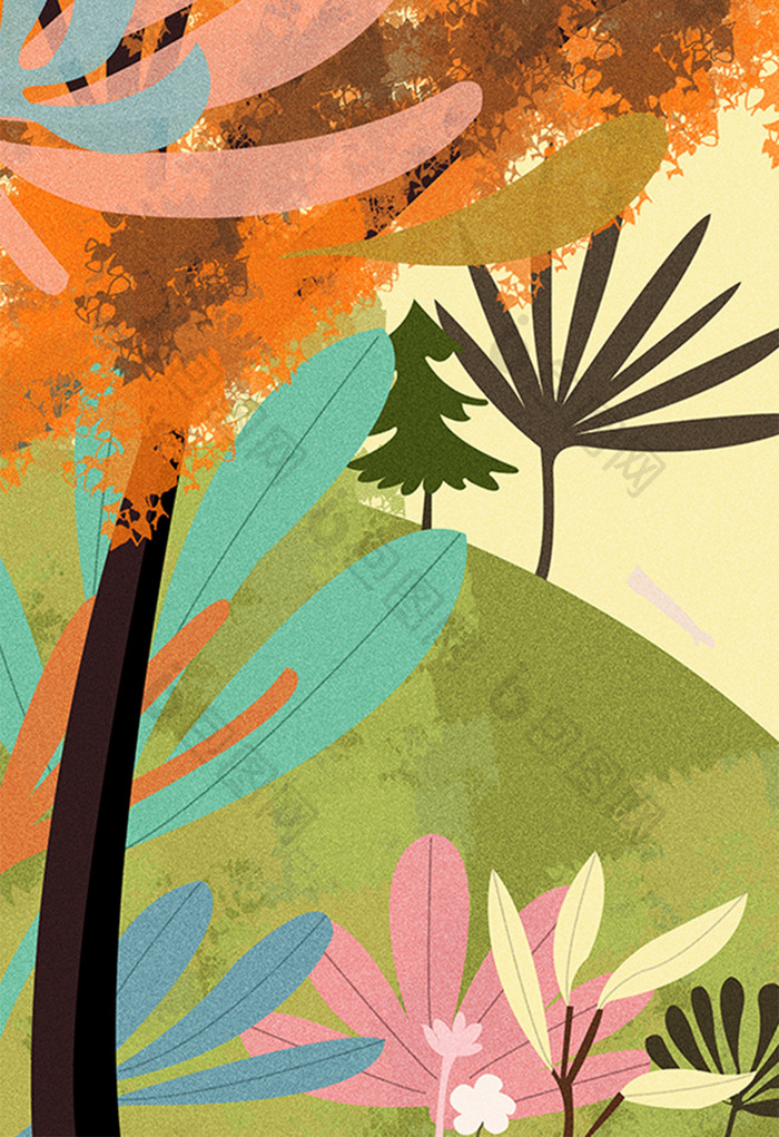秋天彩色植物风景插画