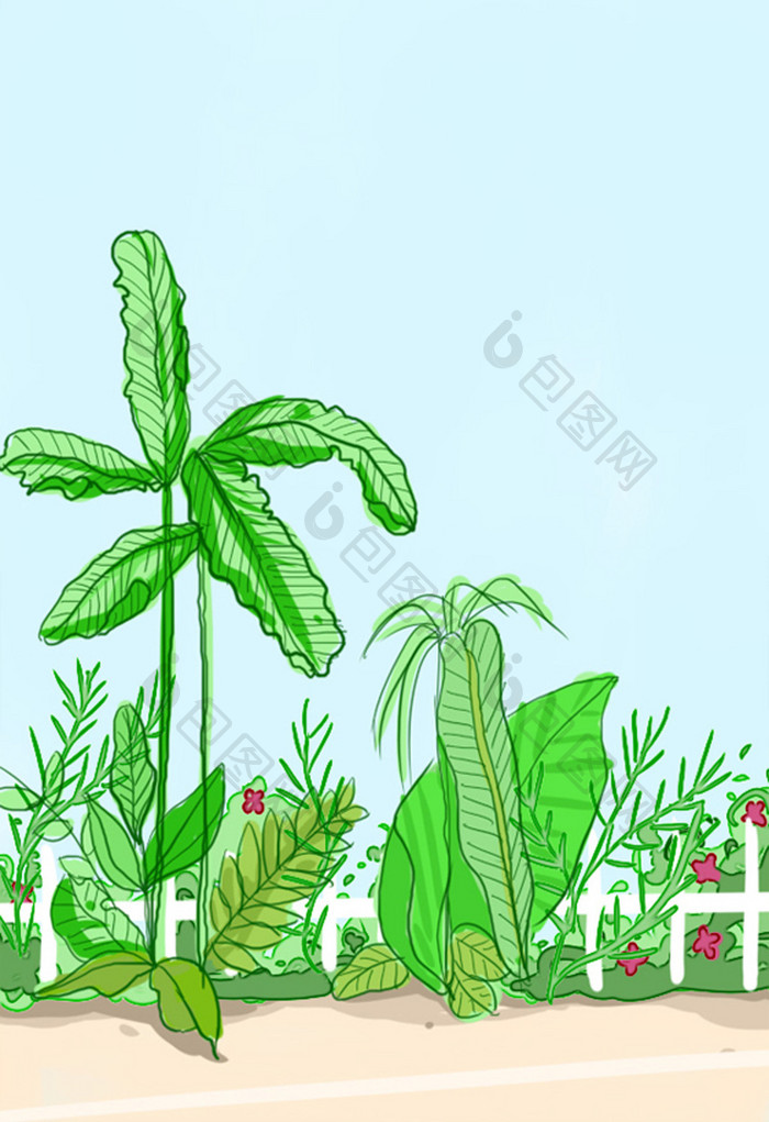 唯美清新花坛绿植手绘插画背景