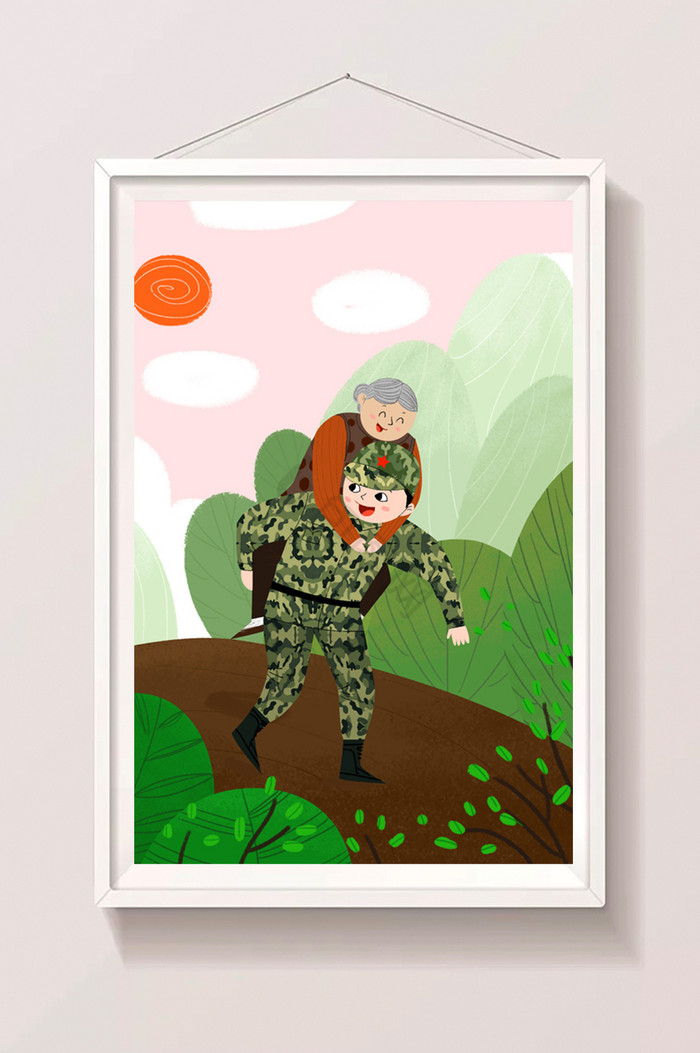 绿户外迷彩军人背老奶奶助人为乐建军节插画图片