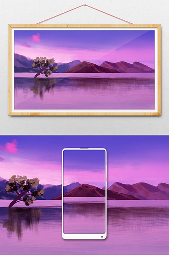 紫色系唯美风格夕阳下的湖面手绘插画背景图片