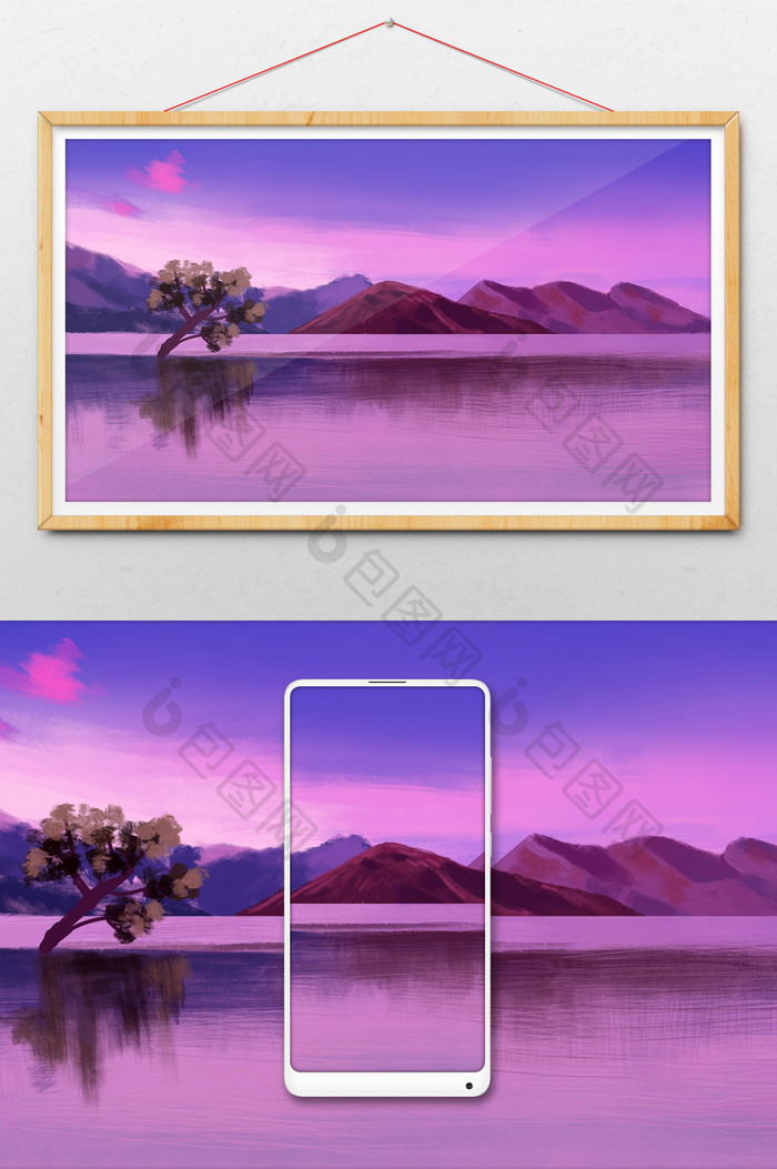 紫色系唯美风格夕阳下的湖面手绘插画背景