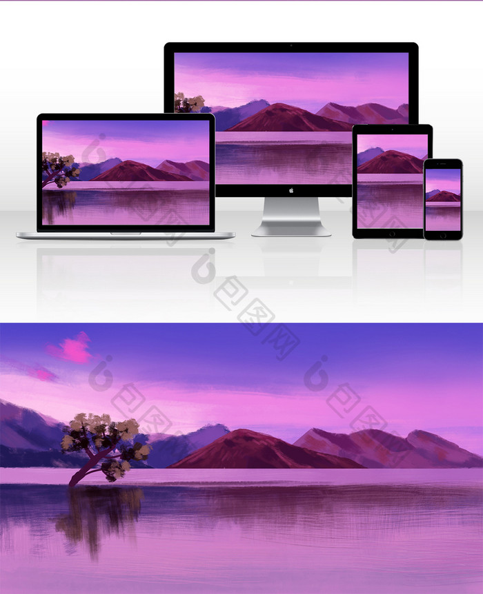 紫色系唯美风格夕阳下的湖面手绘插画背景