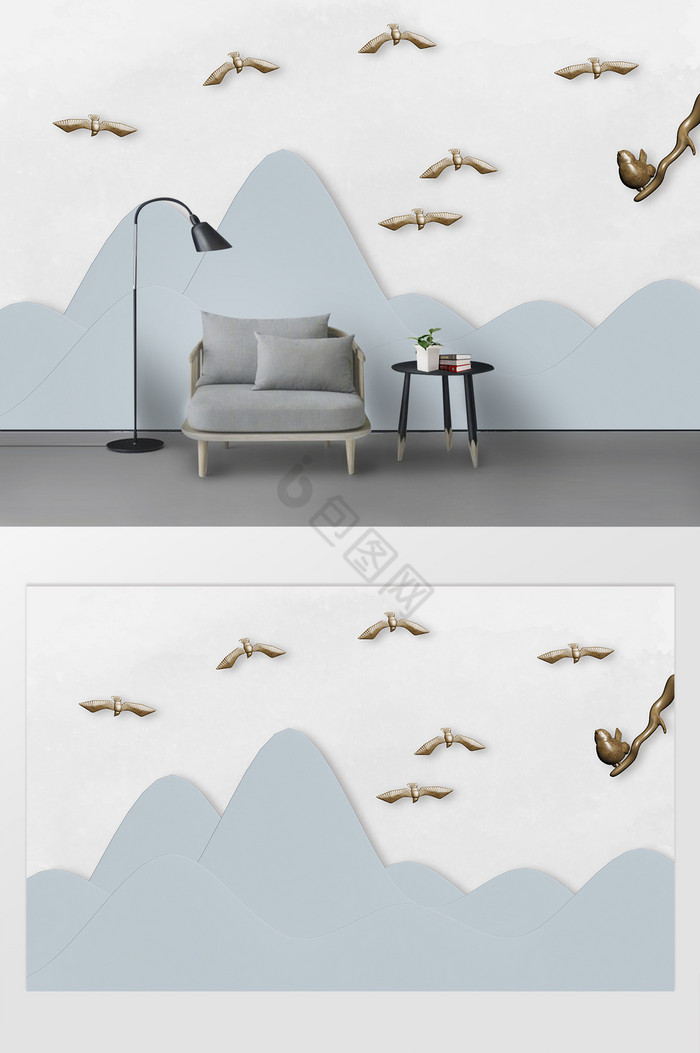 现代简约北欧风3D浮雕假山飞鸟背景墙定制图片