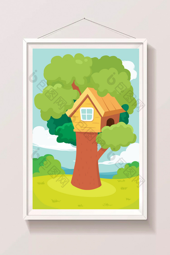 卡通可爱森林小树屋背景插画