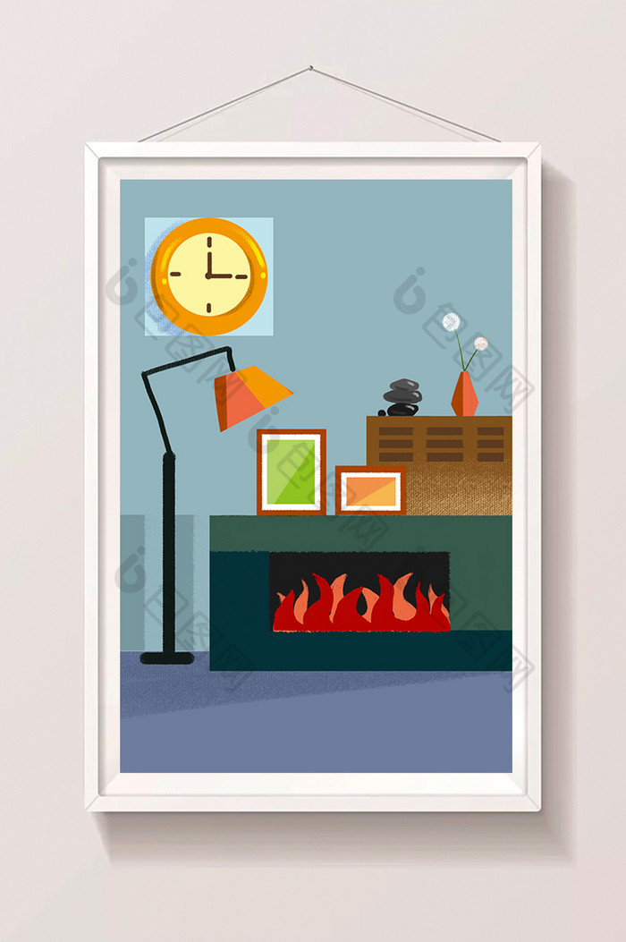 冷色卡通扁平室内壁炉插画手绘背景素材