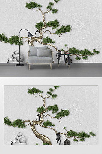 简约铁艺3d立体松树小和尚新中式背景墙图片
