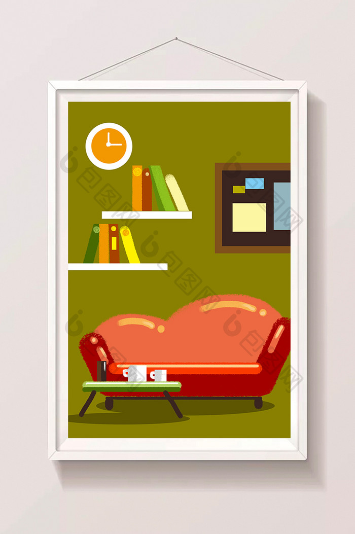 暖色客厅沙发手绘插画卡通扁平背景素材