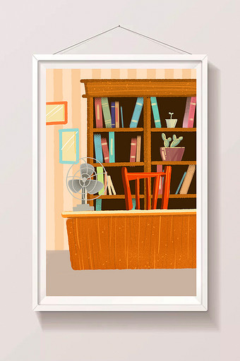 暖色夏日卡通书房手绘插画扁平背景素材图片