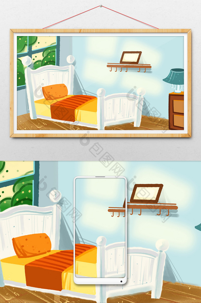 蓝色清新室内卧室阳光卡通手绘插画背景素材