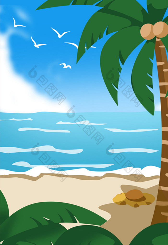 手绘椰树沙滩海边插画