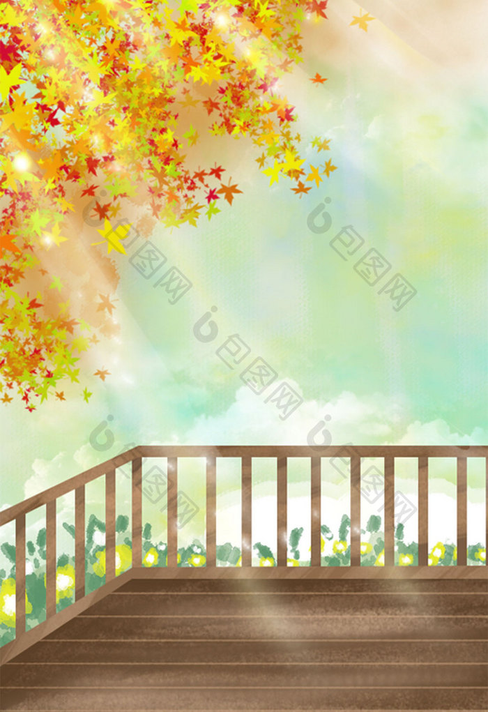 唯美小清新节气节日秋天栅栏外的枫叶风景