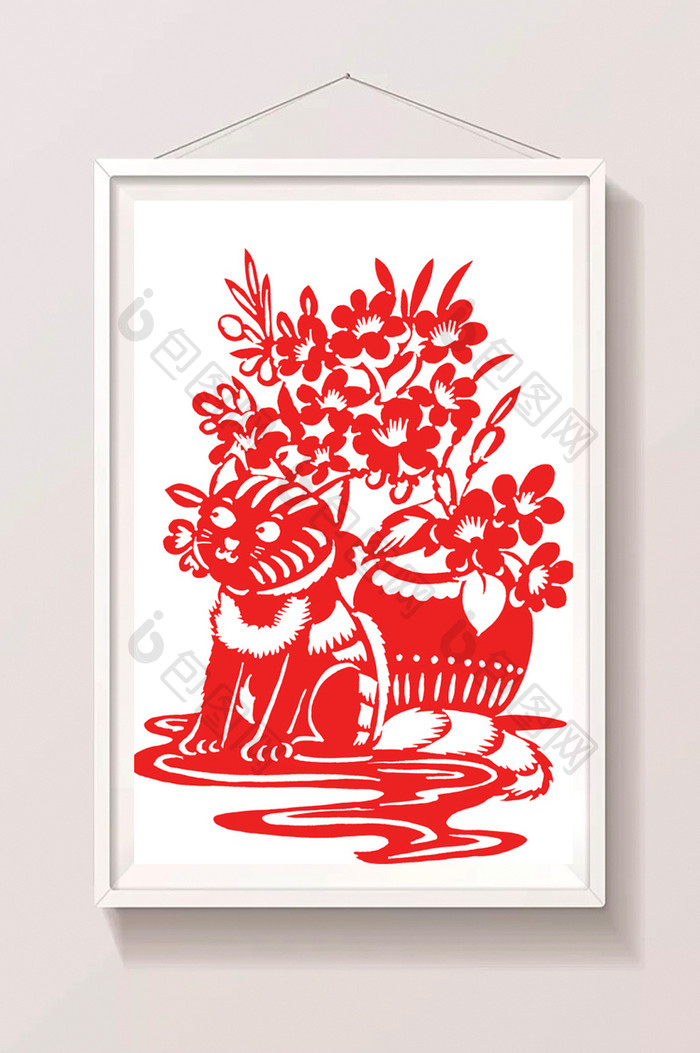 中国风猫咪花卉剪纸插画