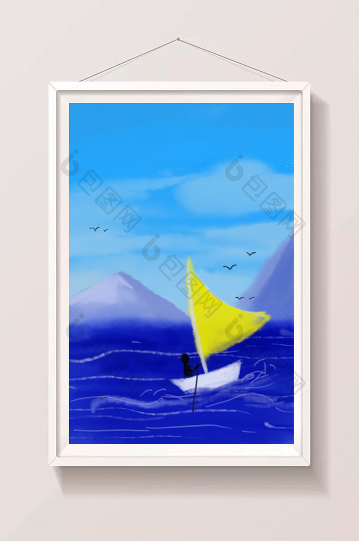 蓝天远山帆船图片