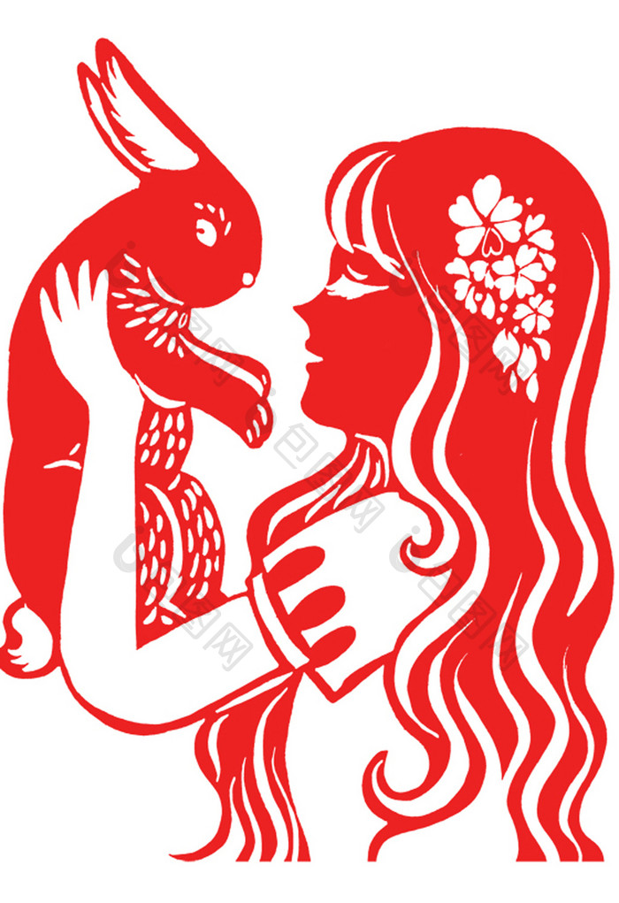 红色中国风女孩兔子剪纸插画