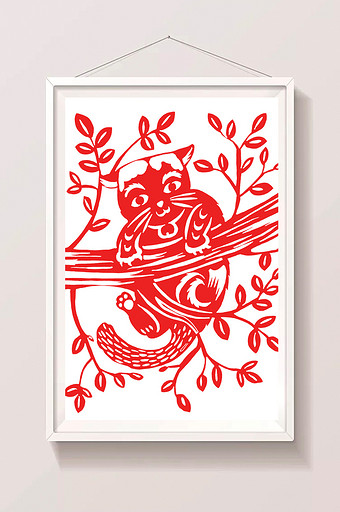 红色中国风猫咪爬树剪纸插画图片