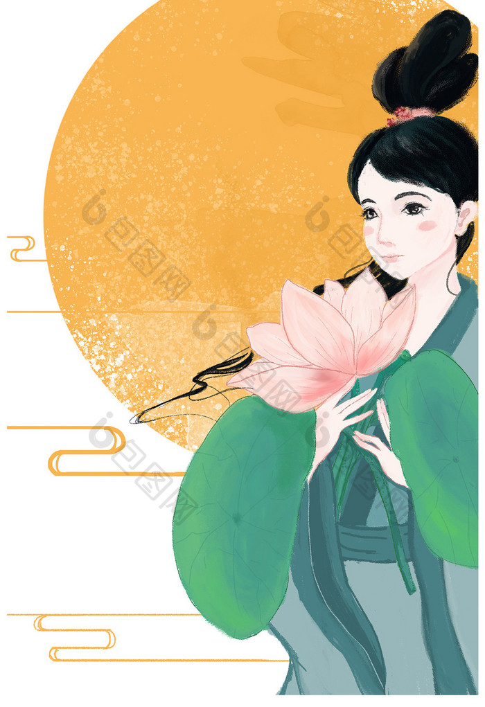 中国风中国传统女子人物月下手捧荷花插画