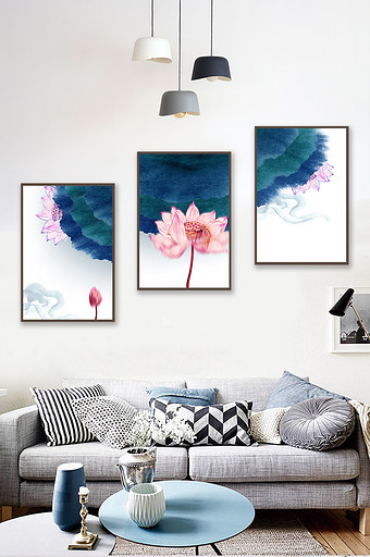 现代简约水墨荷花植物客厅装饰画图片