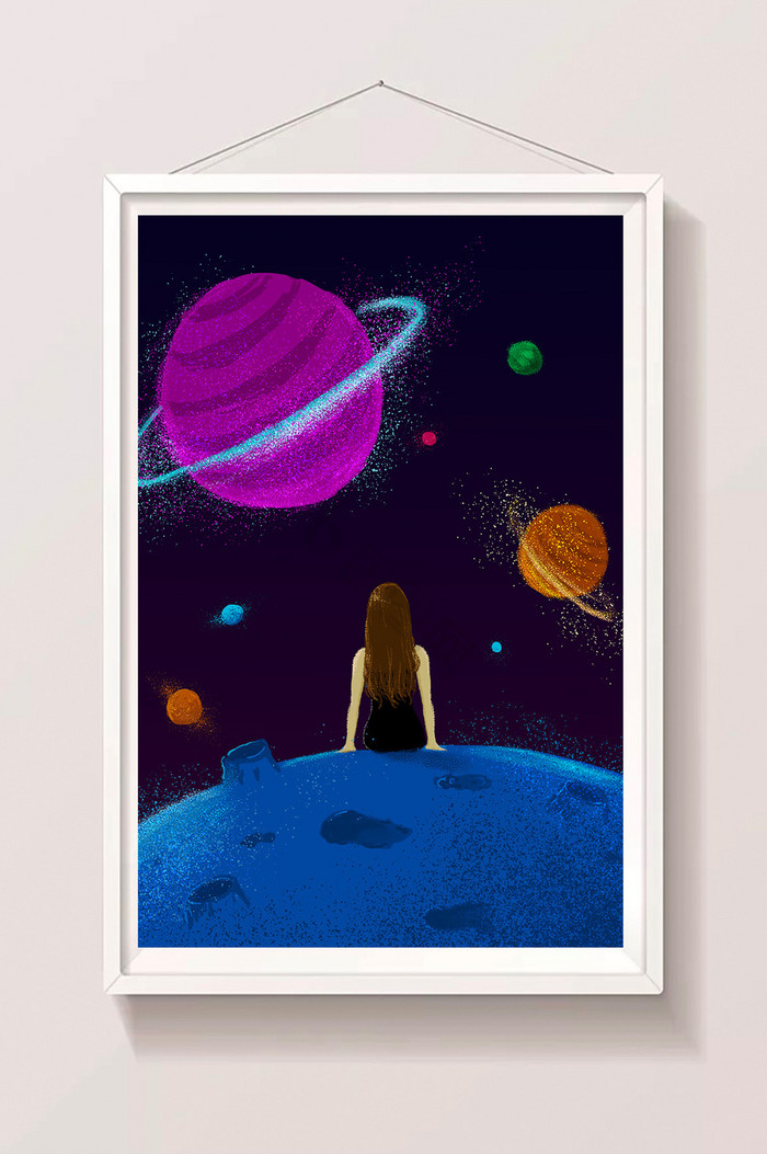 梦幻宇宙星球和孤独的人插画图片