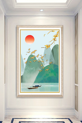 现代新中式水彩手绘山水玄关装饰画图片