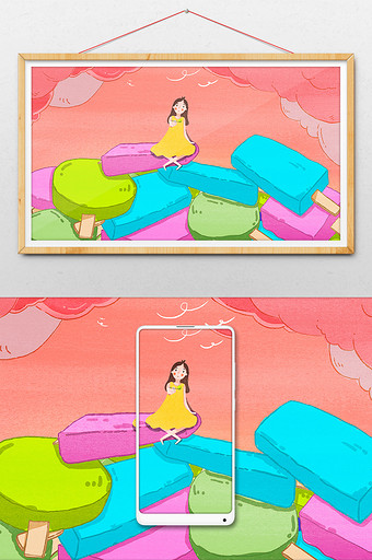梦幻卡通坐在雪糕冰棍雪山上乘凉的女孩插画图片