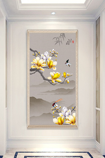 中式花鸟金色玉兰客厅走廊玄关定制图片