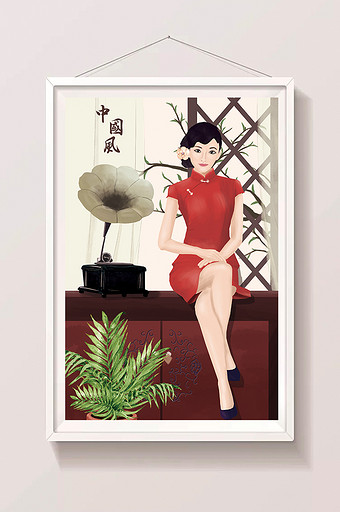 中国传统服饰之旗袍复古韵味场景插画图片