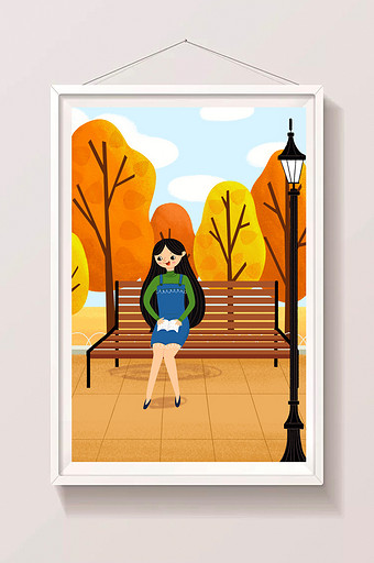 金色树叶坐在树下凳子上看书的女孩立秋插画图片