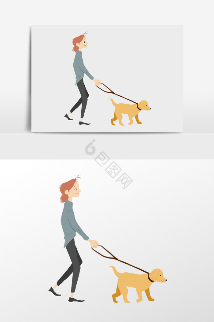 女孩遛狗的插画图片