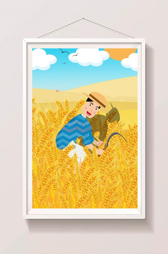 农忙农民割小麦插画图片