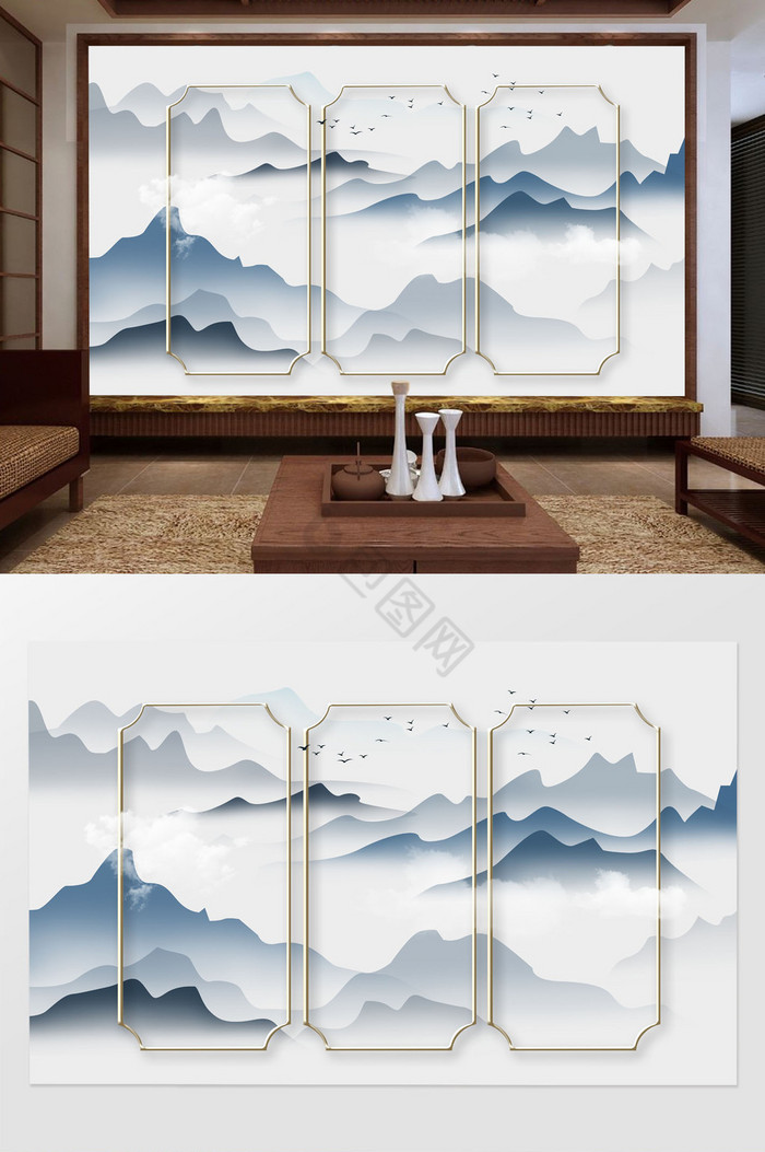 新中式意境简约手绘山水画金色立体框背景墙图片