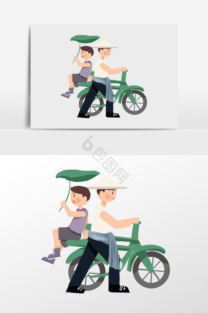 骑车的父子俩插画图片