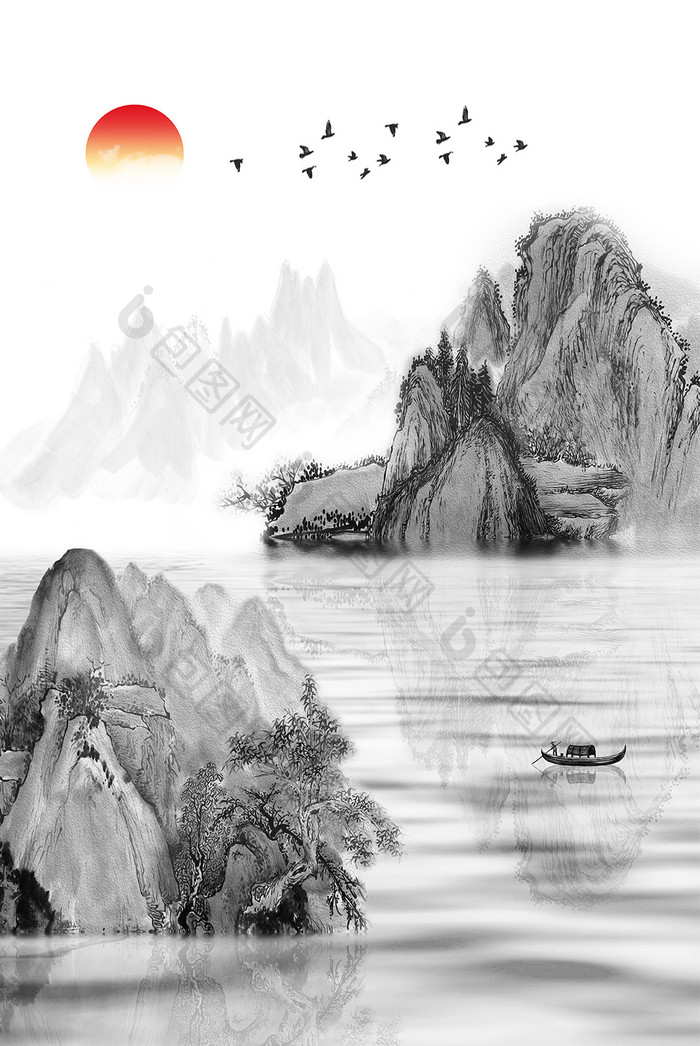 新中式飞鸟意境山水装饰画