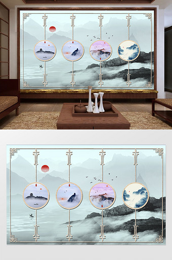 新中式水墨意境山水屏风木纹边框背景墙定制图片