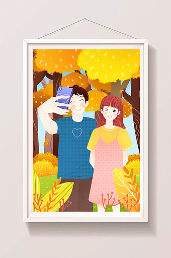 立秋节气橙色秋天树林情侣自拍插画图片