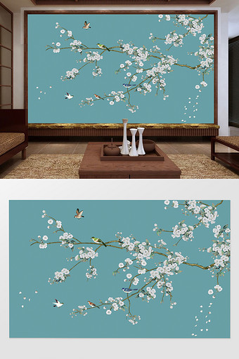 新中式手绘藤曼花鸟电视沙发背景墙图片