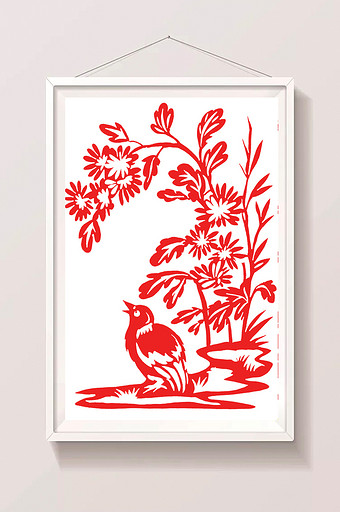 红色中国风花鸟剪纸插画图片