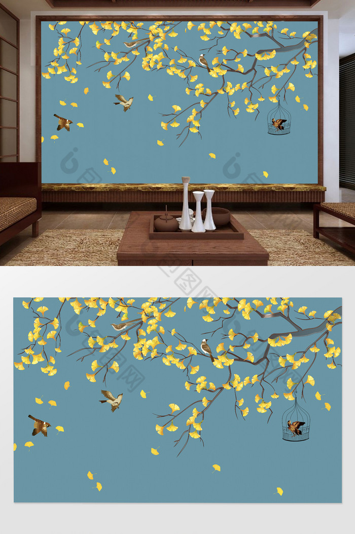 中式手绘枫叶树枝写实花鸟电视机背景墙图片图片