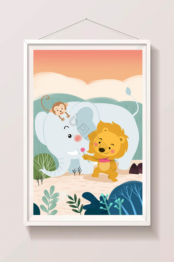 狮子大象猴子友情儿童插画图片