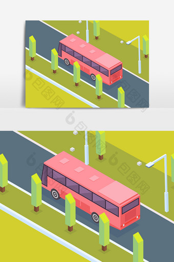 手绘卡通扁平公路公交车元素图片