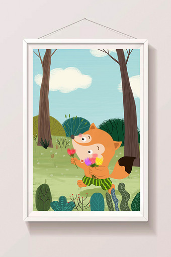 清新唯美童趣小动物狐狸林玩耍手绘儿童插画图片