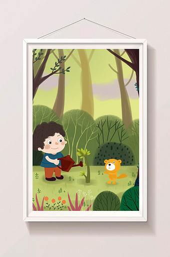 梦幻唯美森林小男孩和小动物卡通插画图片