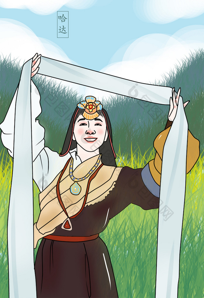 中国文化少数名族西藏文化哈达文化插画图片