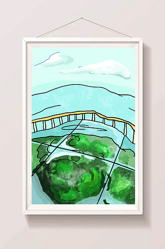 手绘海滨公园绿岛围栏插画图片