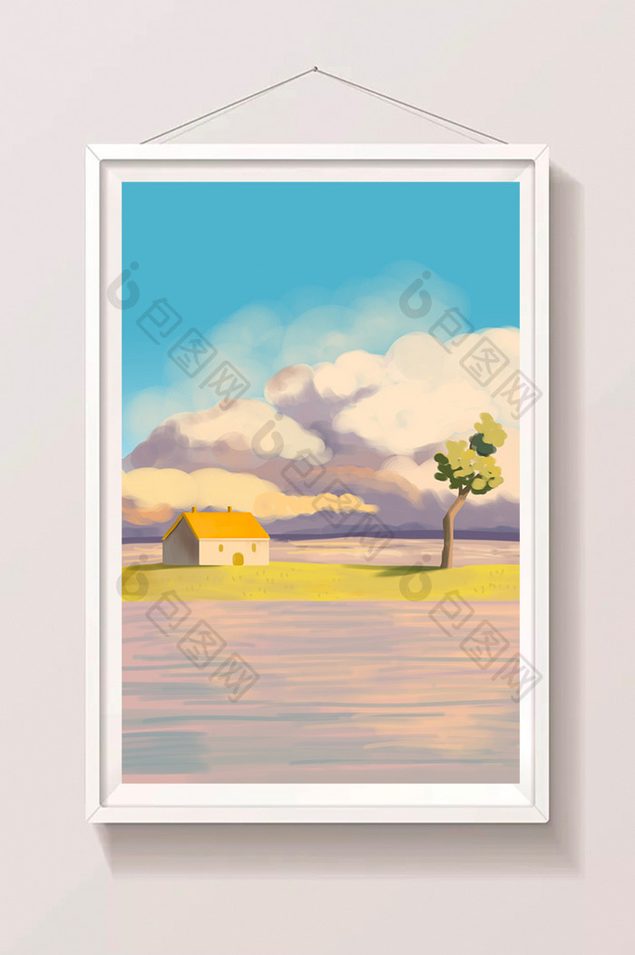 小清新阳光下湖边的小屋手绘插画背景