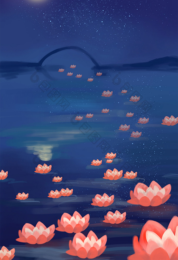 唯美风格七夕节放河灯手绘插画背景