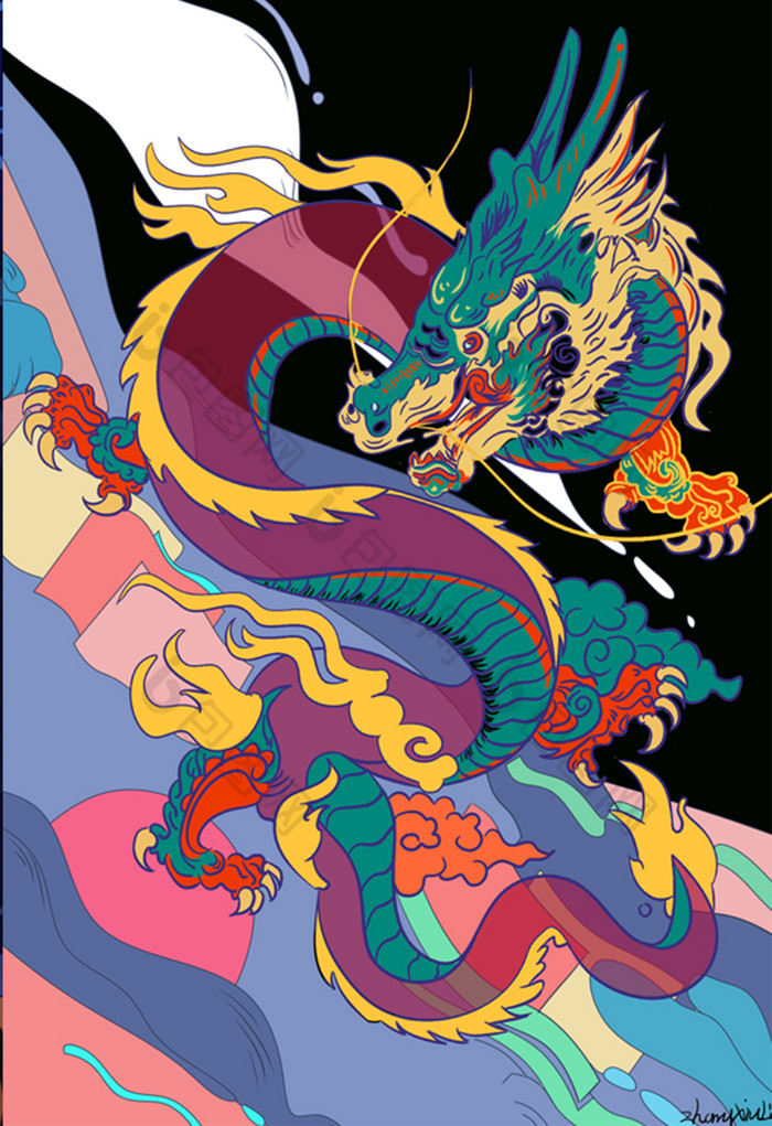 冷色调中国文化之青龙商业插画图片