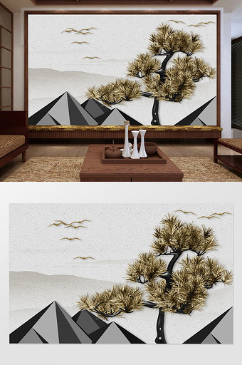 新中式浮雕立体金色松树飞鸟背景墙图片
