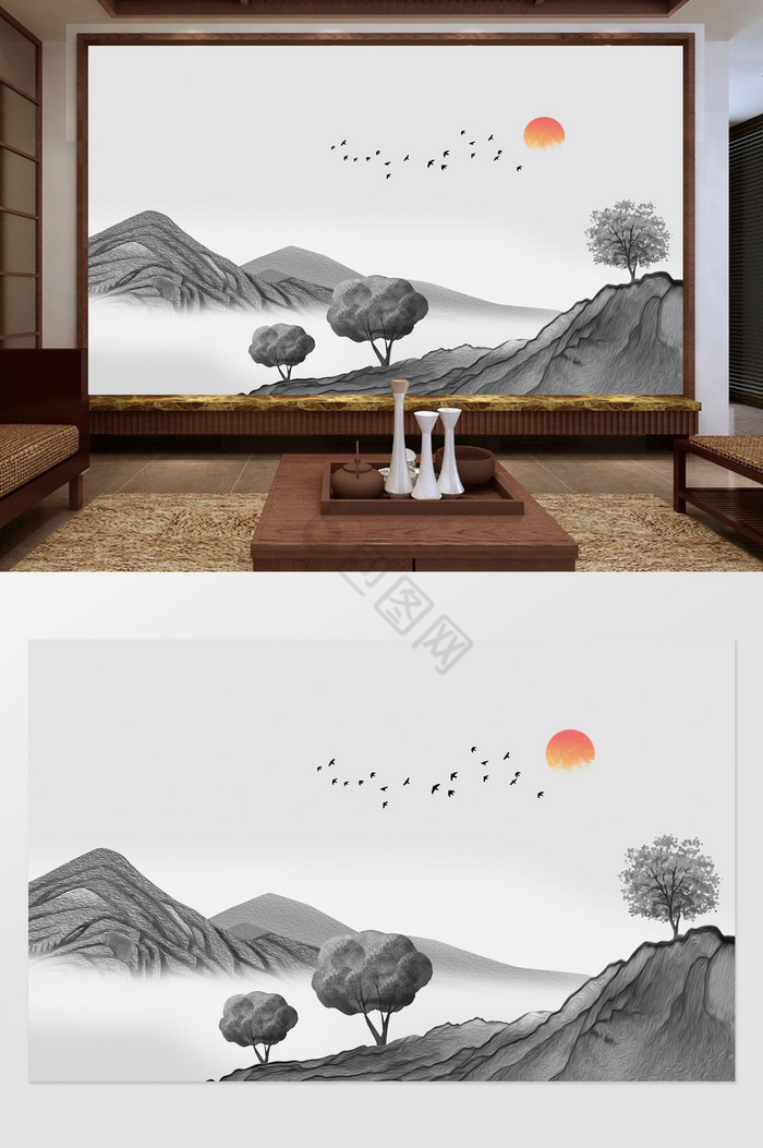 新中式意境山水树电视背景墙图片