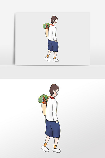 清新文艺卡通漫画人物背购物袋眼镜男孩手绘图片