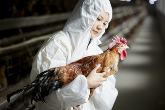 身穿防护服怀抱家禽的年轻女性饲养员